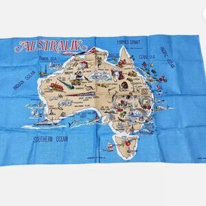 Vintage Australia Map Hand Printed Tea Towel Linen / Cotton 31x18.5 inches